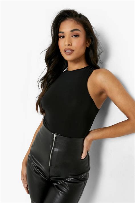 Petite Double Layer Racer Neck Bodysuit Boohoo