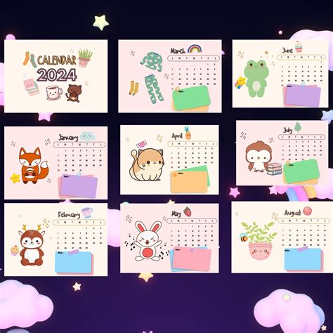 Calendario Kawaii Imprimible 2024 Calendario De Naturaleza Y Animales