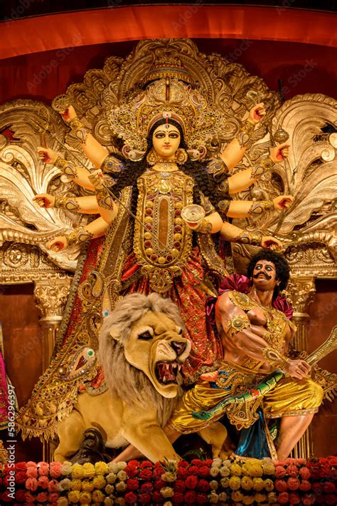 Idol Of Goddess Devi Durga At A Decorated Puja Pandal In Kolkata West