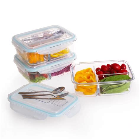 3 Compartments Glass Material Bento Lunch Box 950ml Glass Food Container Set With Utensil Spoon