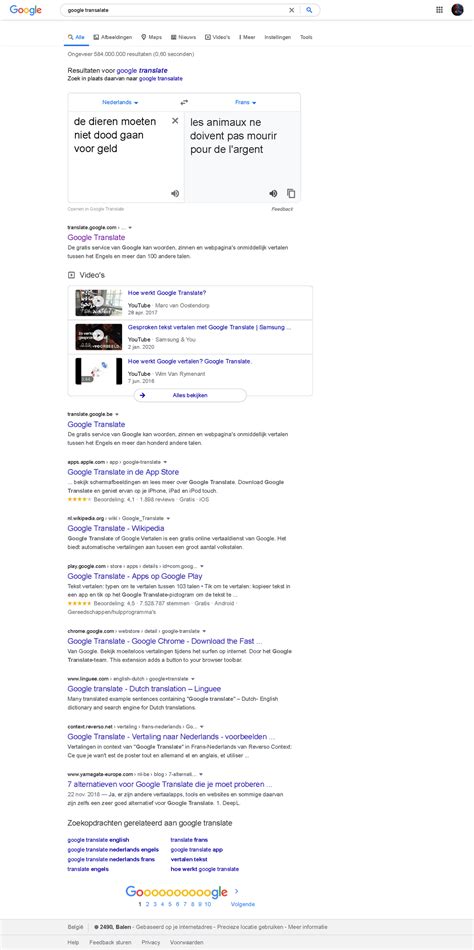 Google transalate - Google zoeken - Ongeveer 584.000 resultaten (0,60