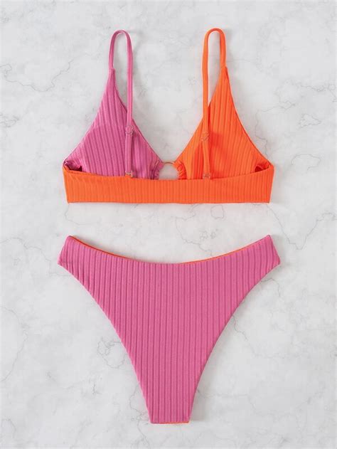 Shein Swim Vcay Conjunto De Bikini Acanalado Con Bloques De Color