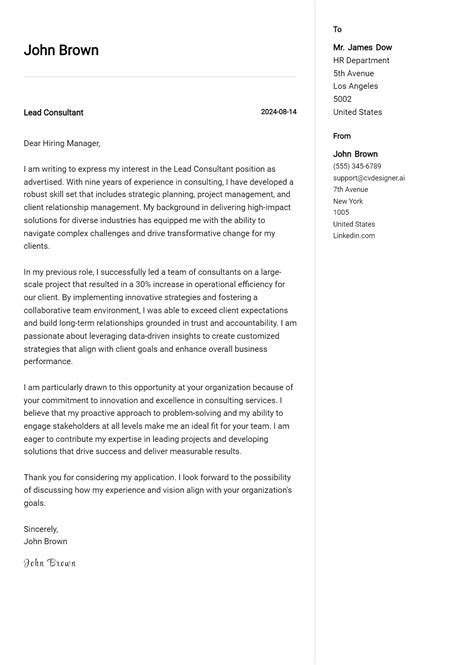 Lead Consultant Cover Letter Example For 2024 Proven Tips Cvdesignerai