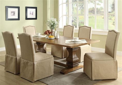 103711 7 Piece Rustic Amber Dining Table Parson Skirted Chair Set