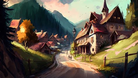 Wallpaper Ai Art Illustration Mountains Painting Village