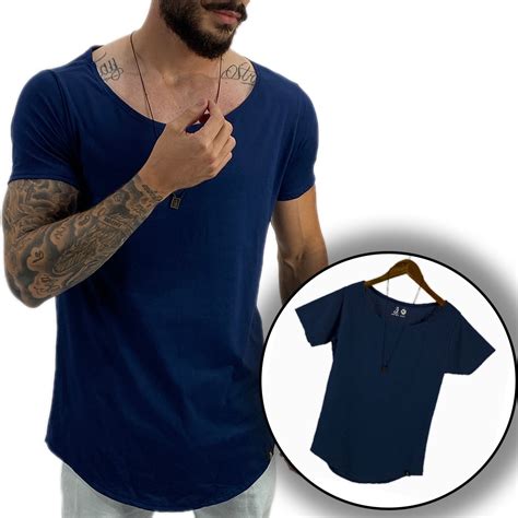 Camiseta Gola Canoa Masculina Longline Oversized Swag Long Line Slim