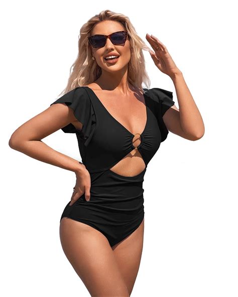 Attraco Women Ruffle One Piece Swimsuit Front O Ring Cutout Bathing