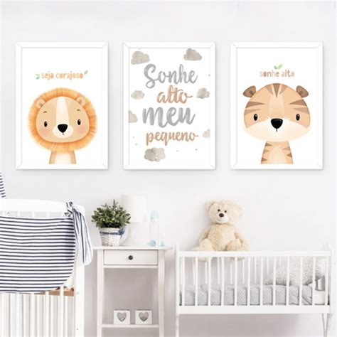 Kit 3 Quadros Decorativos Bebê Menino Sonhe Alto Leão Safari