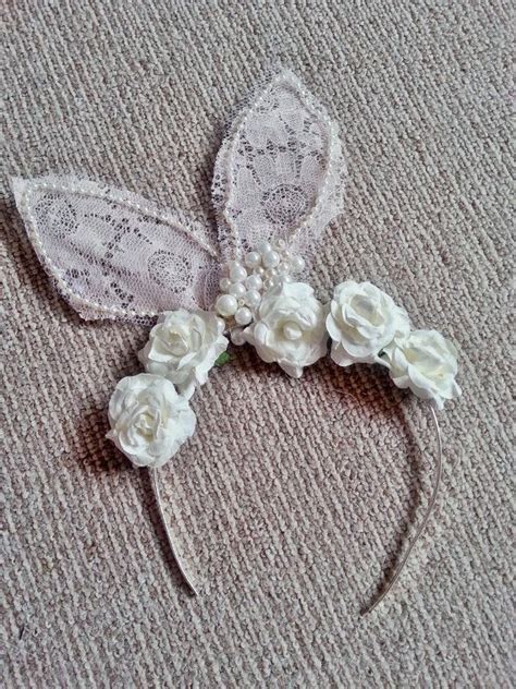 Cream And White Lace Bunny Ears With Pearls And Paper Roses Diy Bunny