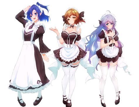 Akisuko Apron Aqua Eyes Blue Hair Blush Breasts Brown Eyes Brown Hair