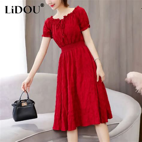 Summer New Solid Color Folds Lace Up Chiffon Dress Ladies One Word Collar Casual Fashion Waist