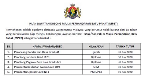 Permohonan Jawatan Kosong Di Majlis Perbandaran Batu Pahat Mpbp Kelayakan Pmr Spm Diploma