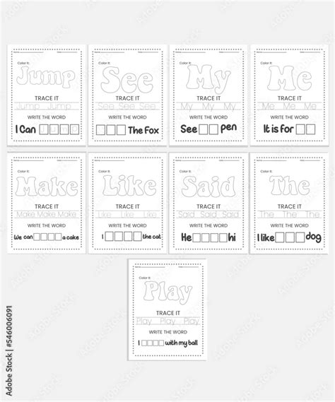 Sight Words Tracing Worksheets Stock Vector | Adobe Stock