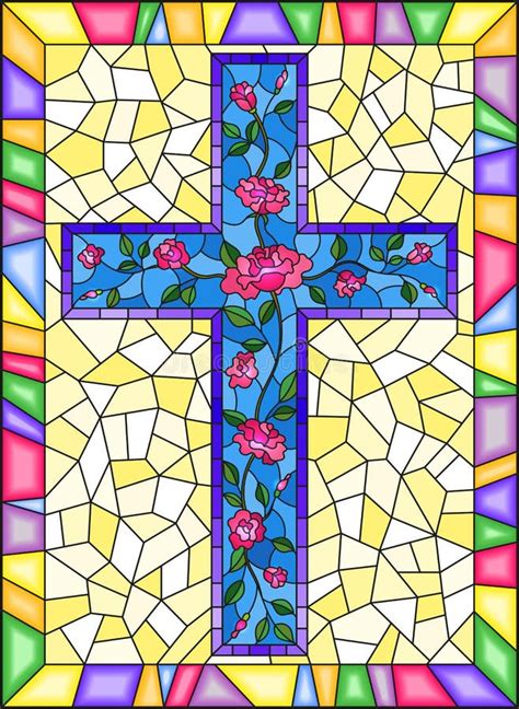 Stained Glass Illustration With Christian Cross Decorated With Pink Roses On Blue Background In