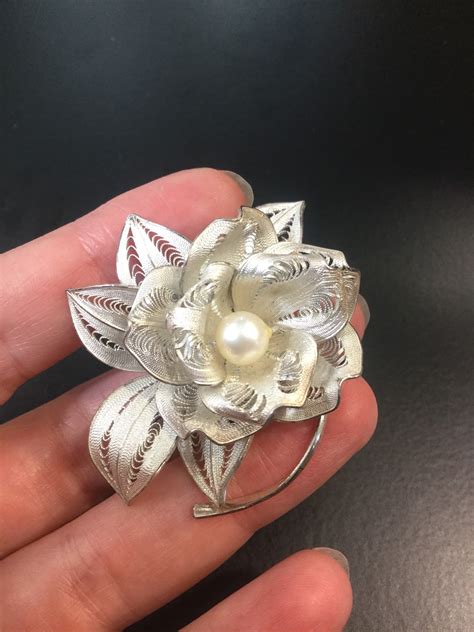 Sterling Silver Pearl Filigree Brooch Etsy Ireland