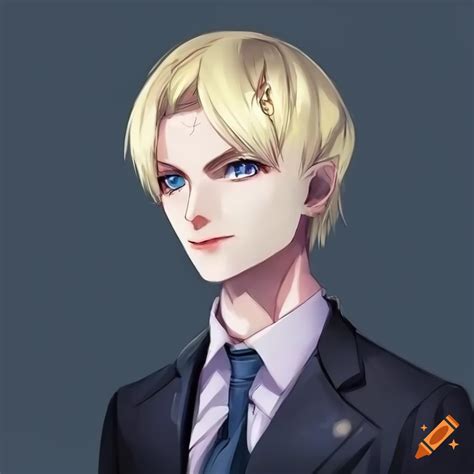 Androgynous Anime Character With Piercing Blue Eyes And A Dark Business Suit On Craiyon