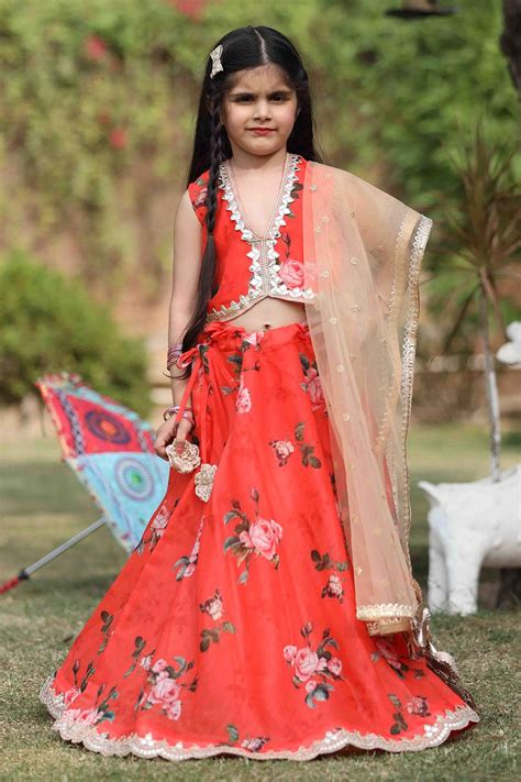 Buy Red Cotton Printed Floral Motifs Lehenga And Choli Set For Girls By