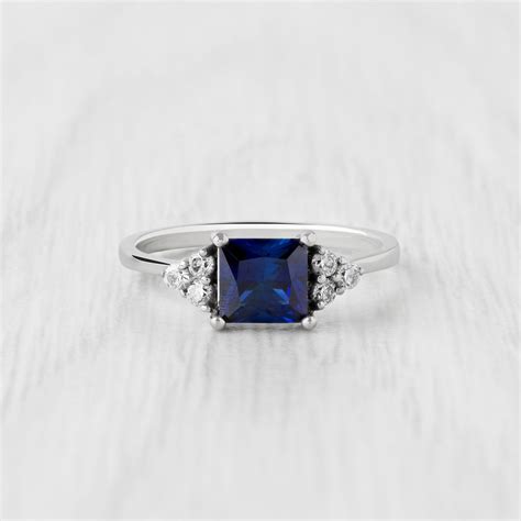 Princess Cut Lab Blue Sapphire Ring Available In White Gold Or Titanium