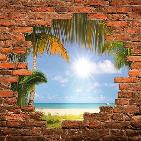 Sticker Mural Trompe L Oeil Mur De Pierre Plage Stickers Muraux Deco