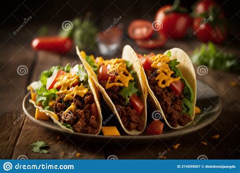 Three Ground Beef Tacos In Crispy Corn Tortilla Shells With Lettuce Cheese And Tomatoes Stock