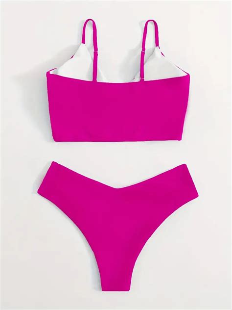 Solid Color Stretchy V Neck Bikini Set Spaghetti Straps Temu