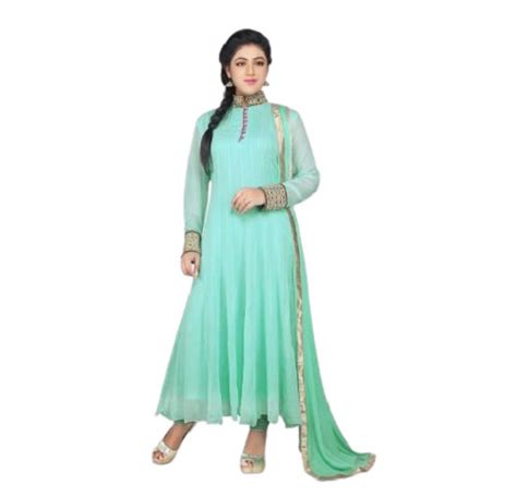 Pastel Green Ankle Length Full Sleeves Plain Dyed Designer Georgette