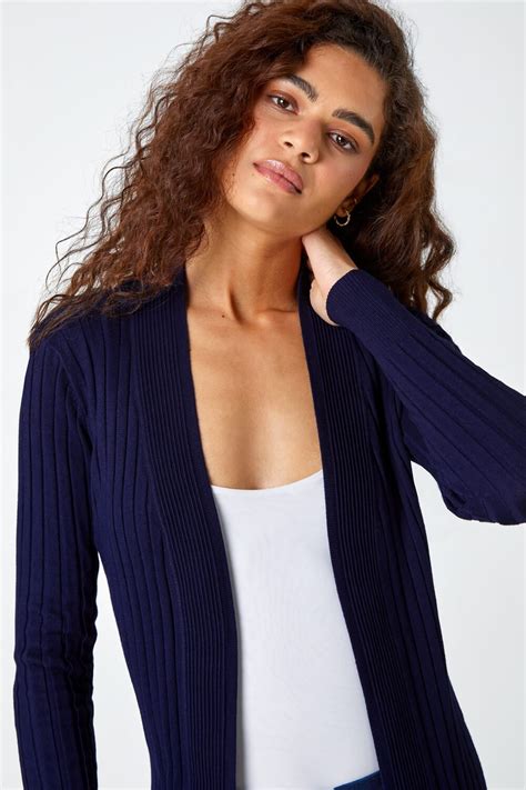 Midnight Blue Longline Stretch Ribbed Cardigan Roman Uk