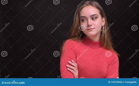 Closeup Portrait Of Young Beautiful Caucasian Female Model Having Her