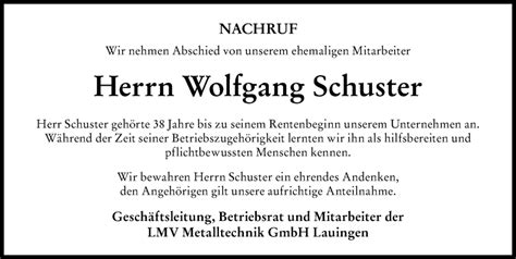 Traueranzeigen Von Wolfgang Schuster Augsburger Allgemeine Zeitung