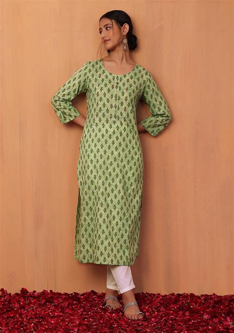 Buy Women Pastel Green Floral Boota Print Embroidered Cotton Kurta