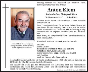 Traueranzeigen Von Anton Kiem Trauer Bz