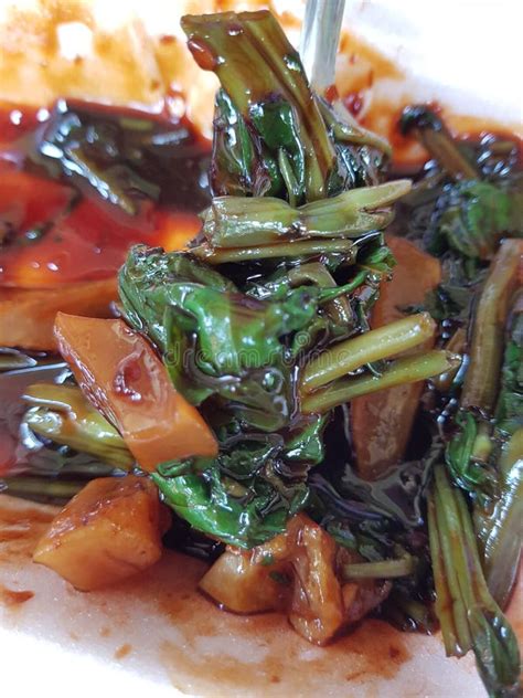 Boiled Water Spinach Water Vegetable With Spicy Sauce Called Vegetable Rojak Stock Image Image