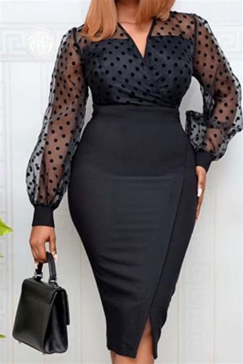 Victorias Vogue Women Sheer Long Sleeves Polka Dot Bodycon Dress