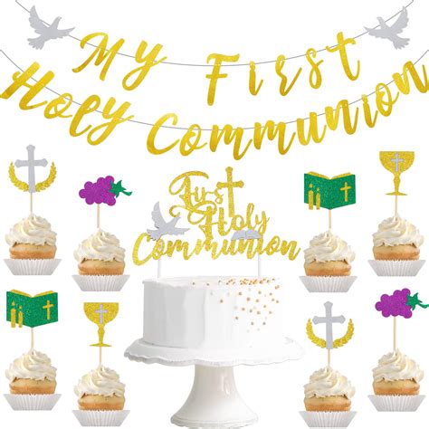 Buy My First Holy Communion Banner with Gold Glitter First Communion Cake Topper and 32 Pcs ...