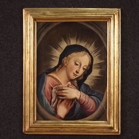 Antico Dipinto Madonna Quadro Religioso Ad Olio Su Tela Pittura Arte