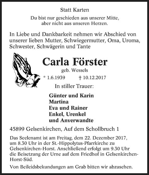 Traueranzeigen von Carla Förster Trauer in NRW de