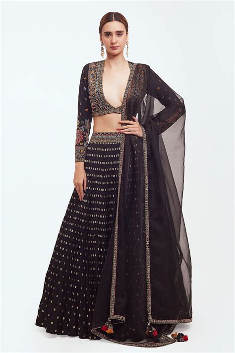 Buy Black Cotton Silk Woven And Embellished Floral Pleated Lehenga Set