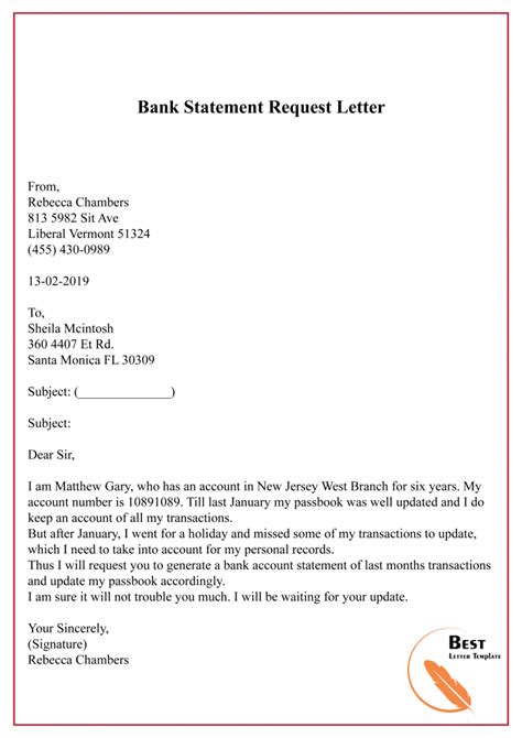 Bank Statement Request Letter Template