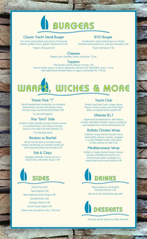 Menu at Yacht Club Sports Bar and Grill, Lawrence