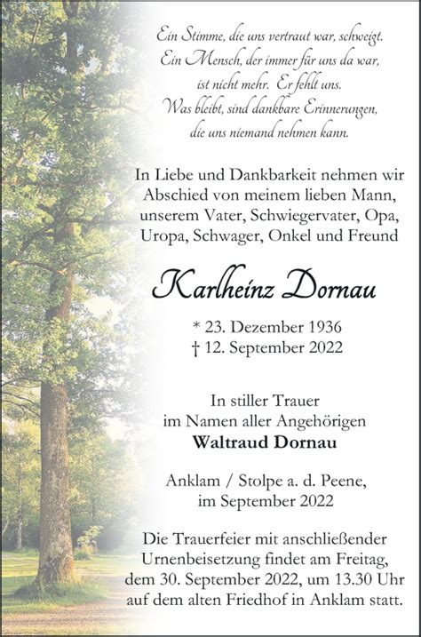 Traueranzeigen Von Karlheinz Dornau Trauer Nordkurier