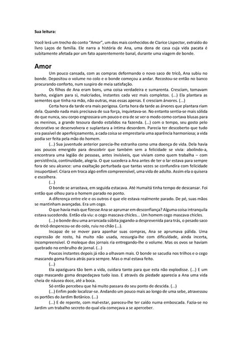 Amor Clarice Lispector Sua leitura Você lerá um trecho do conto