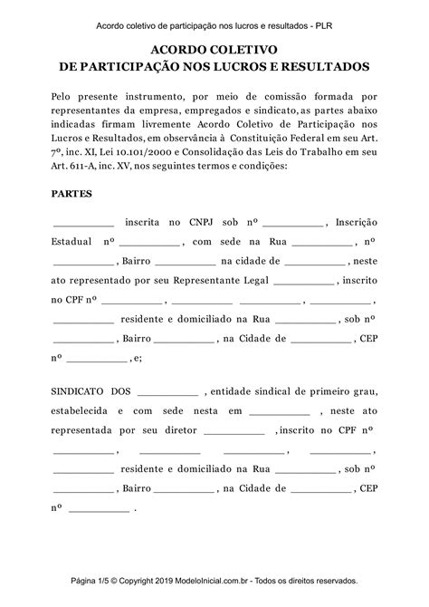 Modelo Acordo coletivo de participação nos lucros e resultados PLR