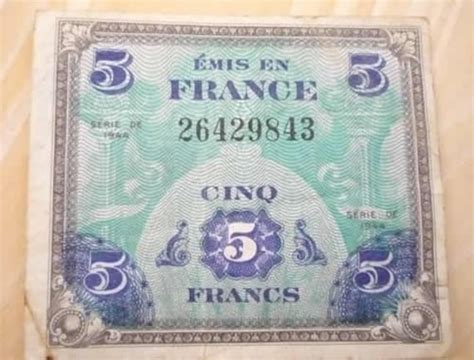 Authentic Vintage 1944 French Money From France 5 Cinq Francs