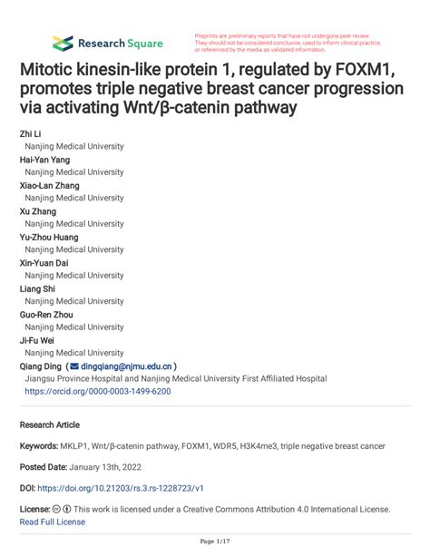 Pdf Mitotic Kinesin Like Protein Regulated By Foxm Promotes