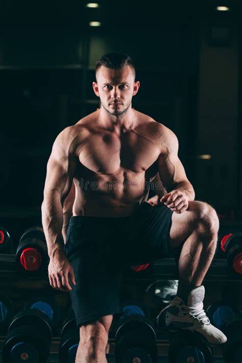 Muscular Man Out Gym Standing Near Dumbbells Strong Male Naked Torso Abs Photos Free Royalty