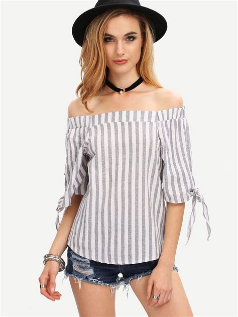 Off The Shoulder Vertical Striped Top Shein Sheinside