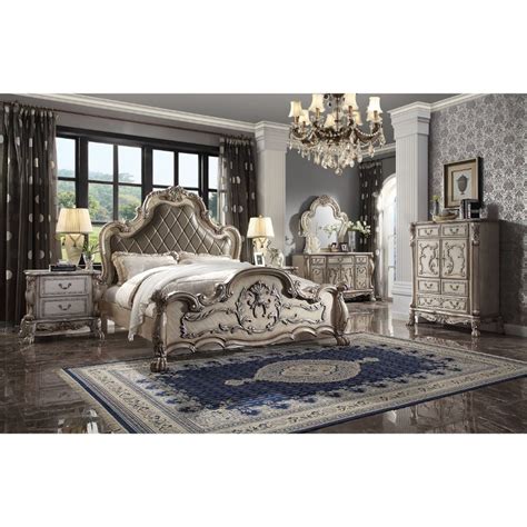 Acme Furniture Dresden 2pc Panel Bedroom Set In Vintage Bone White PU