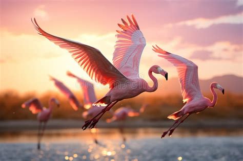 A Flock Of Pink Flamingos Flies Over The Water Generated By Artificial