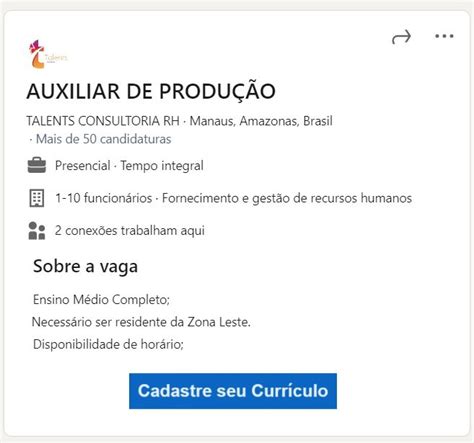 Auxiliar De Produ O Para Moradores Da Zona Leste