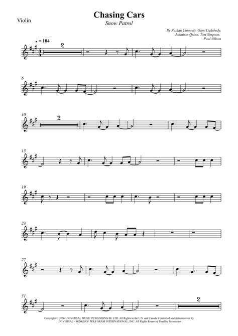 Chasing Cars Arr Wesley S Silva Sheet Music Snow Patrol Violin Solo